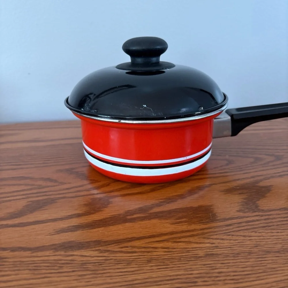 Free w bundle of 2+ Vtg  Red Enamel Saucepan w Lid | Mid Century Cookware